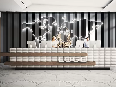 Modern Front Desk Reception Interior With Illuminated World Map Wall And Staff Working 3d model