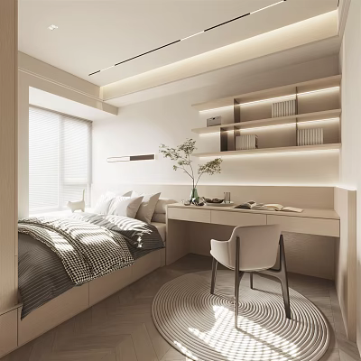 Modern Minimalist Tatami Bedroom With Tatami Bed Desk Chair Bookshelf And Natural Light 3d model