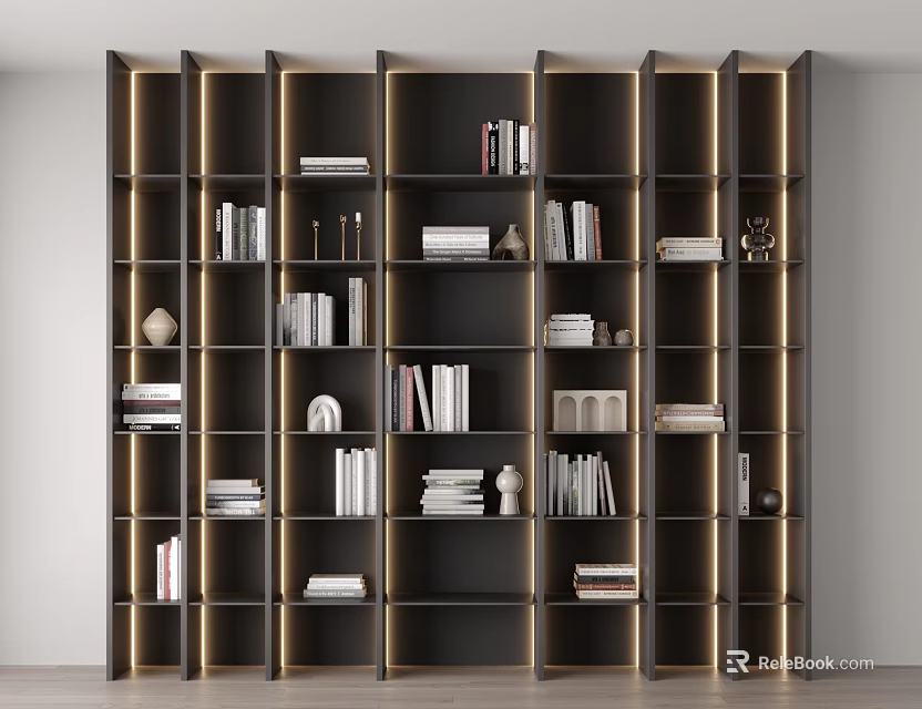 Modern Bookshelf Layered Interior With Books Decorative Items And Warm Lighting Accents 3d model 