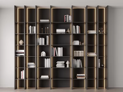 Modern Bookshelf Layered Interior With Books Decorative Items And Warm Lighting Accents 3d model