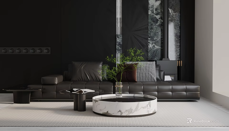 Black Three Seater Sofa Modern Living Room with Pillows Marble Coffee Table and Green Plant 3d model 