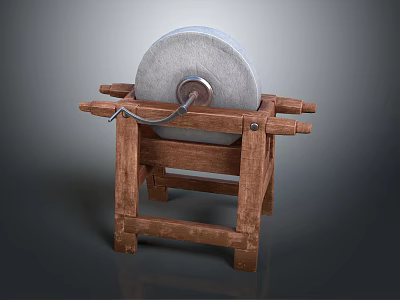Traditional Manual Grindstone Tool With Wooden Stand And Rope Mechanism 3d model