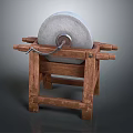 Traditional Manual Grindstone Tool With Wooden Stand And Rope Mechanism