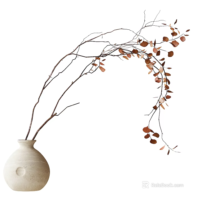 White Ceramic Vase with Curved Decorative Branches and Brown Leaves for Natural Home Decor 3d model 