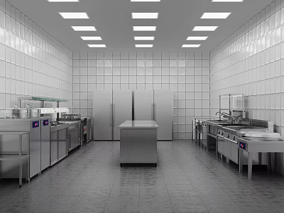 Professional Commercial Kitchen With Stainless Steel Equipment Tiled Walls Refrigeration Units And Work Tables 3d model