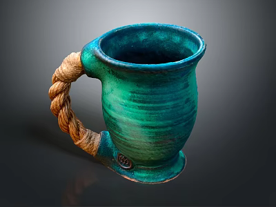 Handcrafted Ceramic Mug With Rope Like Handle And Green Striped Design 3d model