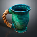 Handcrafted Ceramic Mug With Rope Like Handle And Green Striped Design