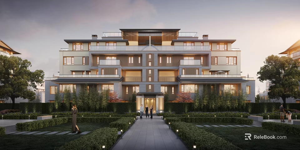 Luxury Modern Multi Story Building Exterior With Landscaped Garden Stone Pathway And Balconies 3d model 