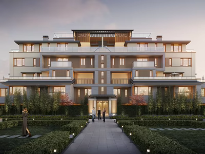 Luxury Modern Multi Story Building Exterior With Landscaped Garden Stone Pathway And Balconies 3d model