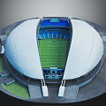 Modern Football Stadium With Large White Roof Blue Stands Green Pitch And Entrance Steps