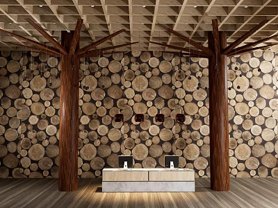 Rustic B&B Guest Room Interior Design With Wooden Log Wall And Beam Ceiling 3d model