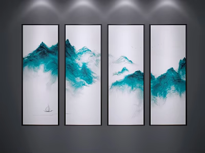 Four Blue Mountain Landscape Paintings With Clouds Mist And Small Boat Decor 3d model