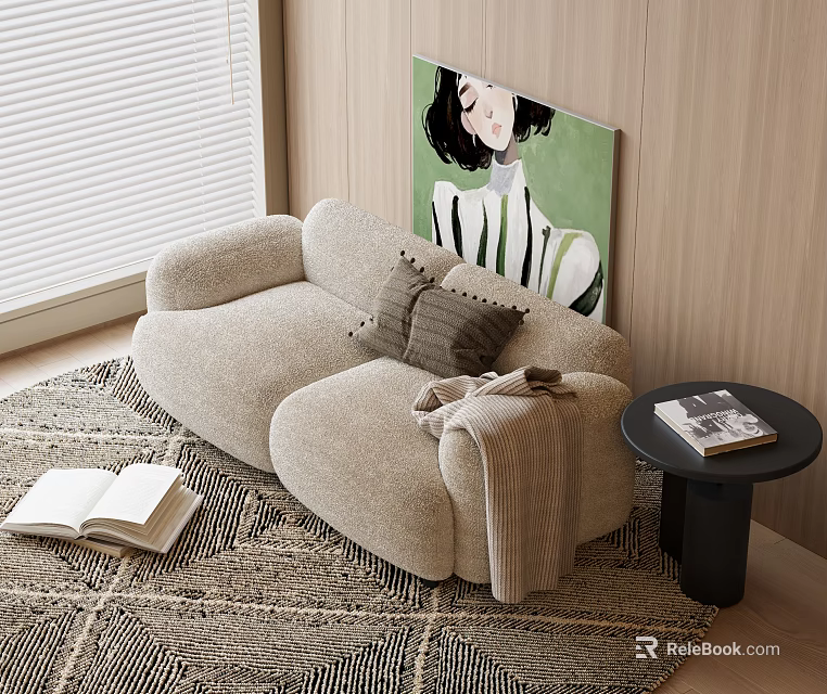Cozy Beige Double Sofa With Pillows Magazines On Side Table And Painting In Living Room 3d model 