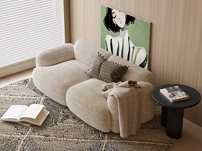 Cozy Beige Double Sofa With Pillows Magazines On Side Table And Painting In Living Room 3d model