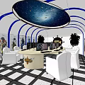 Internet Cafe Interior Featuring Starry Ceiling Blue Curved Frames White Chairs And Anime Posters