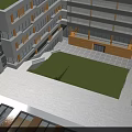 Modern School Building With Glass Windows Green Lawn Basketball Court Near Waterfront