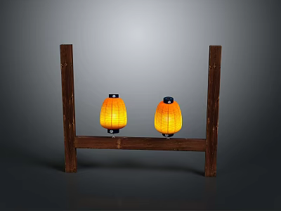 Rustic Wooden Frame With Two Yellow Lighted Lanterns On Gray Background 3d model
