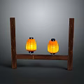 Rustic Wooden Frame With Two Yellow Lighted Lanterns On Gray Background