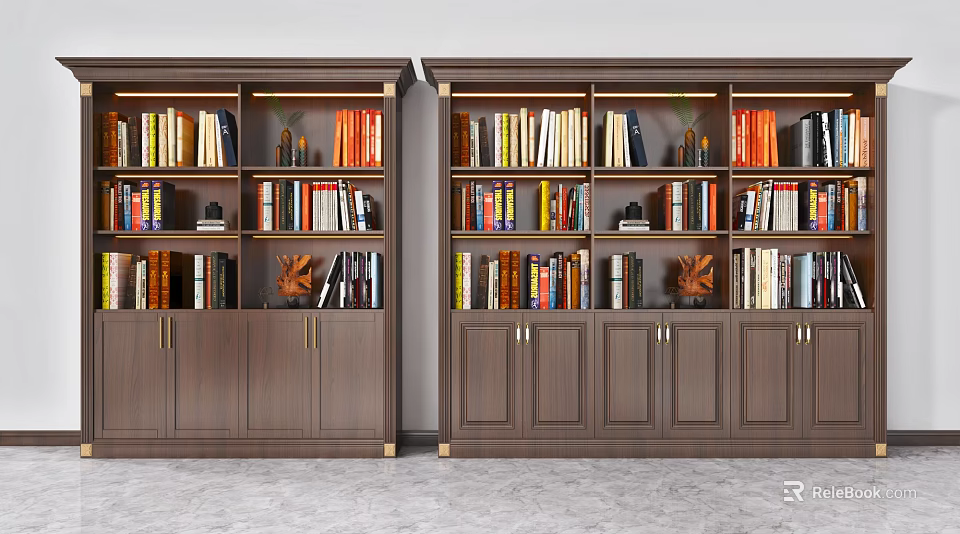 Classic Dark Brown Wooden Bookcase With Open Shelves Numerous Books And Decorative Items 3d model 