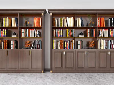 Classic Dark Brown Wooden Bookcase With Open Shelves Numerous Books And Decorative Items 3d model