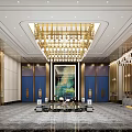 Luxurious Hotel Lobby With Golden Chandelier Blue Gold Decor And Marble Flooring