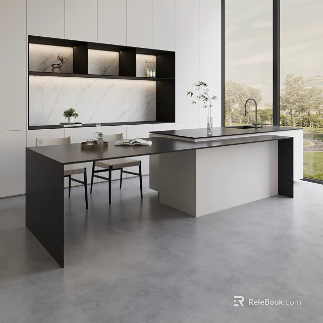 Modern Kitchen Table And Chairs Set With Black Counter White Cabinets And Marble Backsplash 3d model 