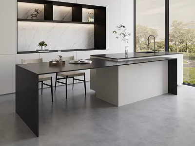 Modern Kitchen Table And Chairs Set With Black Counter White Cabinets And Marble Backsplash 3d model