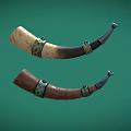 Musical Instruments Horns With Decorative Metal Rings Brown Beige Tones On Green Background