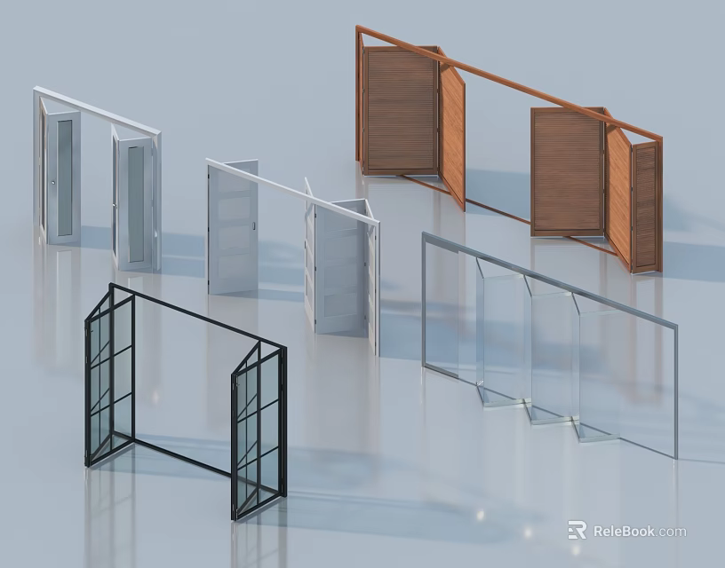 Modern Folding Doors With Wooden Glass And Metal Frame Designs In Various Styles 3d model 