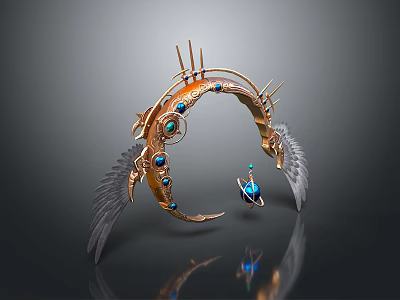 Fantasy Weapon with Circular Golden Bronze Metal Frame Feathered Wings Blue Gemstones and Spikes 3d model