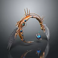 Fantasy Weapon with Circular Golden Bronze Metal Frame Feathered Wings Blue Gemstones and Spikes