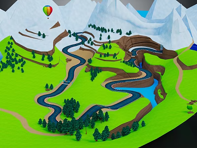 Mountainous Terrain Featuring Snowy Peaks Winding River Green Meadows Trees And Hot Air Balloon 3d model