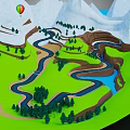 Mountainous Terrain Featuring Snowy Peaks Winding River Green Meadows Trees And Hot Air Balloon
