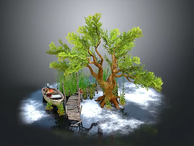Lush Green Tree With Wooden Bridge Small Boat And Misty Water Natural Scene 3d model