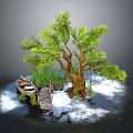 Lush Green Tree With Wooden Bridge Small Boat And Misty Water Natural Scene