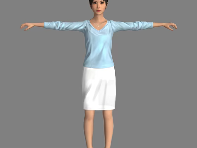 Woman 3D Model in Light Blue Long Sleeve Top and White Skirt With Arms Outstretched 3d model