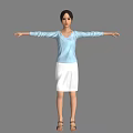 Woman 3D Model in Light Blue Long Sleeve Top and White Skirt With Arms Outstretched