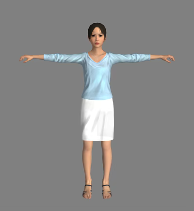Woman 3D Model in Light Blue Long Sleeve Top and White Skirt With Arms Outstretched 3d model
