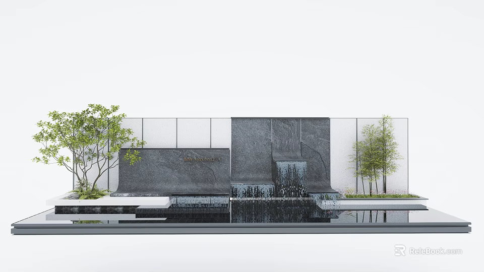 Modern Stone Feature Wall Design With Trees And Water Pool Reflection 3d model