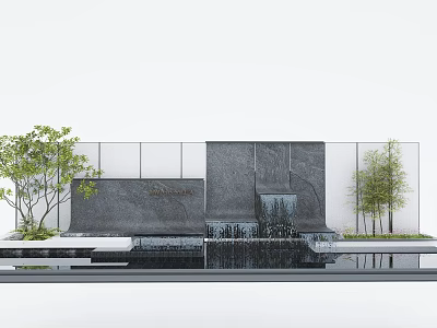 Modern Stone Feature Wall Design With Trees And Water Pool Reflection 3d model