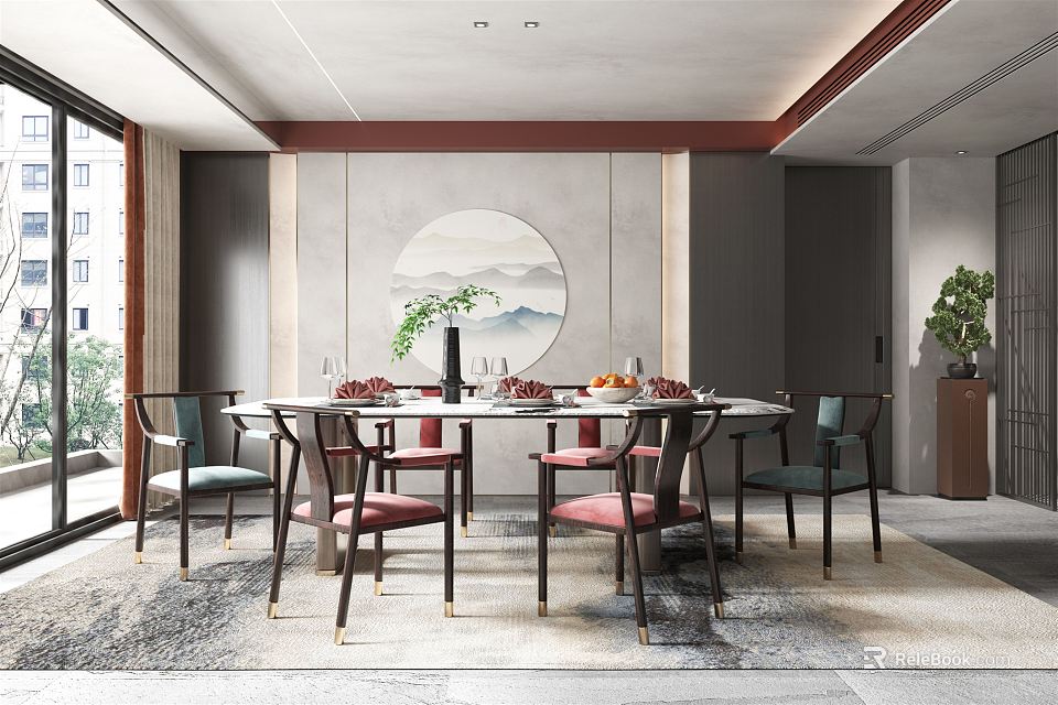 Modern Luxury Restaurant With Round Dining Table Landscape Painting Green Plant Gray Walls Wooden Decorations 3d model 