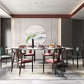 Modern Luxury Restaurant With Round Dining Table Landscape Painting Green Plant Gray Walls Wooden Decorations