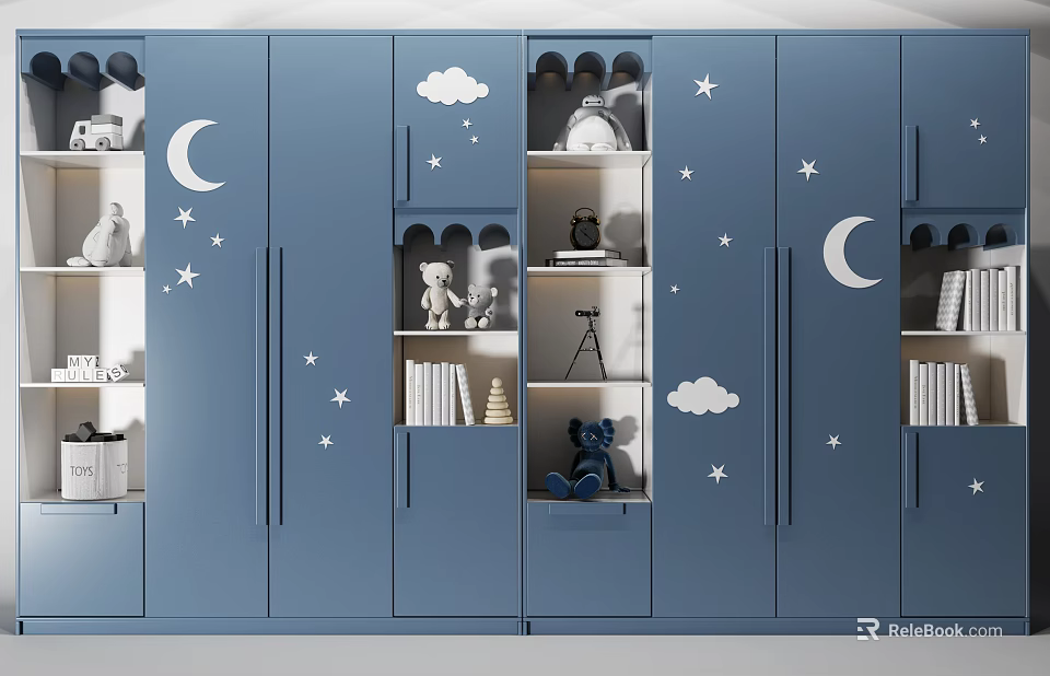 Blue Children's Wardrobe With Cloud Moon Star Decors And Open Shelves Holding Toys Books 3d model 