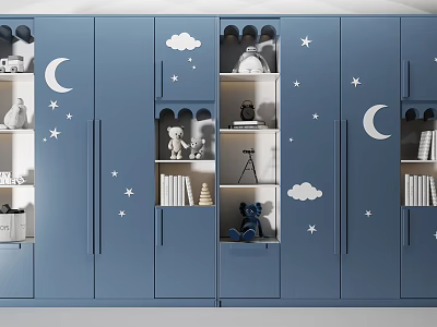 Blue Children's Wardrobe With Cloud Moon Star Decors And Open Shelves Holding Toys Books 3d model
