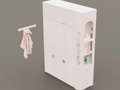 White Wardrobe with Double Doors Clothes Rail Pink Clothing and Storage Shelves 3d model