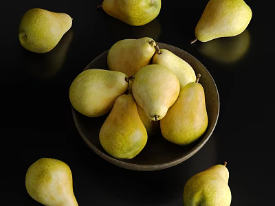 Fresh Yellow Pears in a Bowl with Some Scattered Around on Black Background 3d model