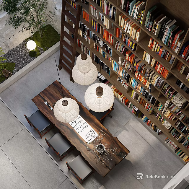 Spacious Modern Study Room Interior With Wall To Wall Bookshelves Wooden Table And Pendant Lights 3d model 