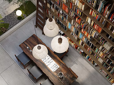 Spacious Modern Study Room Interior With Wall To Wall Bookshelves Wooden Table And Pendant Lights 3d model