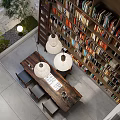 Spacious Modern Study Room Interior With Wall To Wall Bookshelves Wooden Table And Pendant Lights