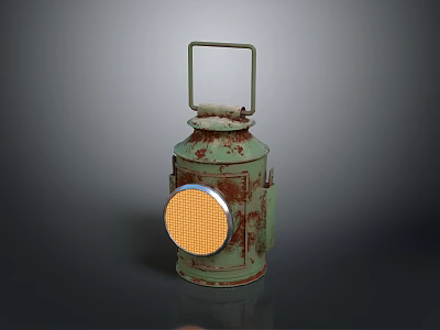 Green Rusted Old Lantern With Round Yellow Light Panel Square Handle And Dark Background Reflection 3d model